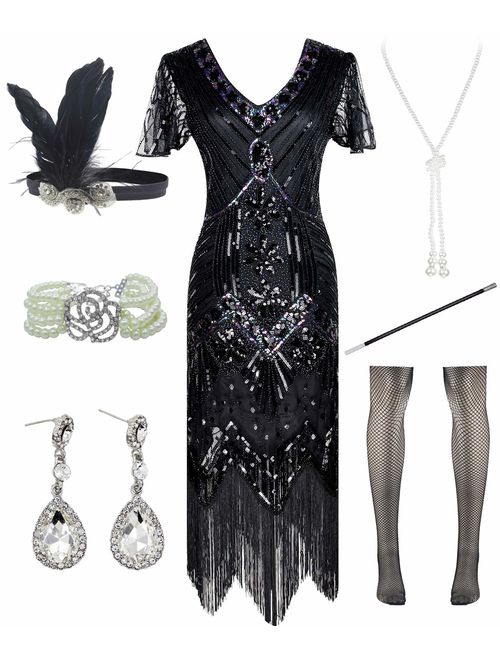 Women Halter V-Neck Sequins Tassel 1920s Flapper Inspired Party Dance Dress with 20s Gatsby Accessories Set