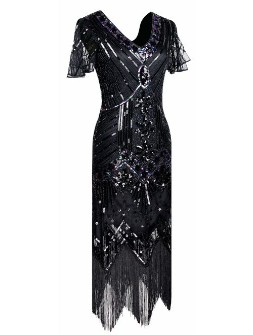 Women Halter V-Neck Sequins Tassel 1920s Flapper Inspired Party Dance Dress with 20s Gatsby Accessories Set