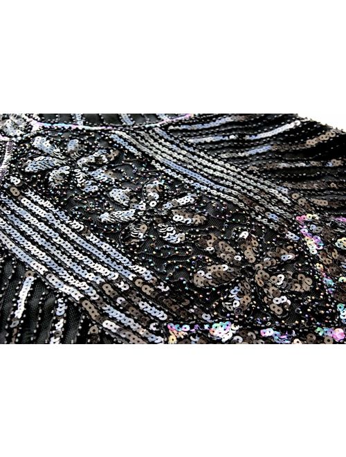 Women Halter V-Neck Sequins Tassel 1920s Flapper Inspired Party Dance Dress with 20s Gatsby Accessories Set