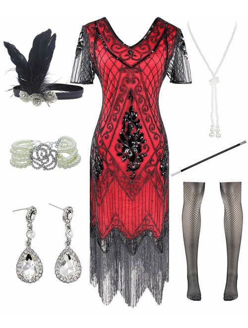 Women Halter V-Neck Sequins Tassel 1920s Flapper Inspired Party Dance Dress with 20s Gatsby Accessories Set