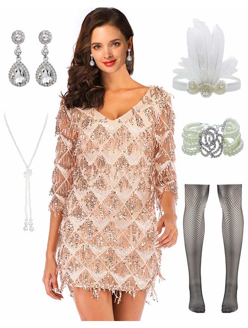 Women Halter V-Neck Sequins Tassel 1920s Flapper Inspired Party Dance Dress with 20s Gatsby Accessories Set