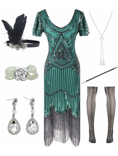 Women Halter V-Neck Sequins Tassel 1920s Flapper Inspired Party Dance Dress with 20s Gatsby Accessories Set