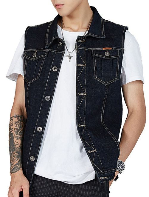 Kedera Men's Denim Vest Plus Size Button Down Jeans Vests Jacket 3XL