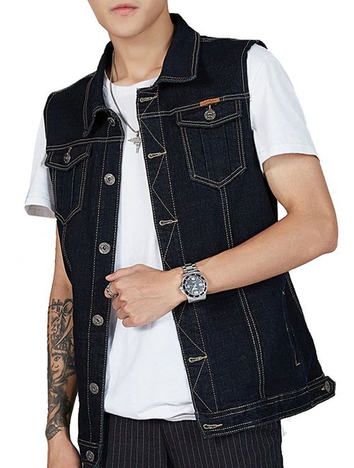 Kedera Men's Denim Vest Plus Size Button Down Jeans Vests Jacket 3XL