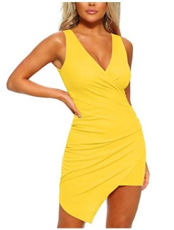 Mizoci Women's Casual Sleeveless Ruched Cocktail Party Dresses Bodycon Mini Sexy Club Dress