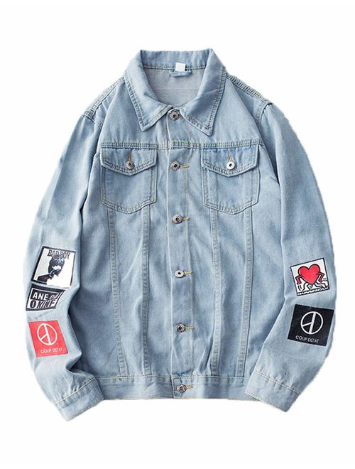 PASOK Men's Denim Distressed Jacket Casual Slim Fit Button Down Jeans Coat