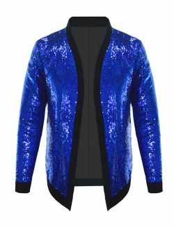 Pacinoble Mens Cardigan All Over Sparkle Sequin Open Front Long Sleeve Jacket with Ribbed Cuffs