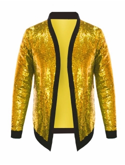 Pacinoble Mens Cardigan All Over Sparkle Sequin Open Front Long Sleeve Jacket with Ribbed Cuffs