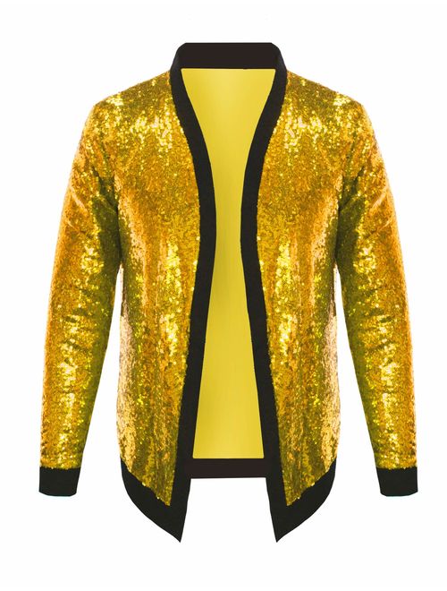 Pacinoble Mens Cardigan All Over Sparkle Sequin Open Front Long Sleeve Jacket with Ribbed Cuffs