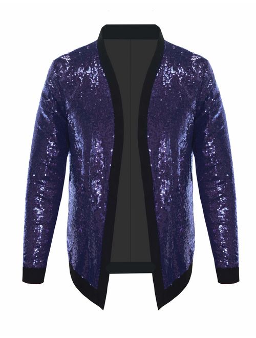 Pacinoble Mens Cardigan All Over Sparkle Sequin Open Front Long Sleeve Jacket with Ribbed Cuffs