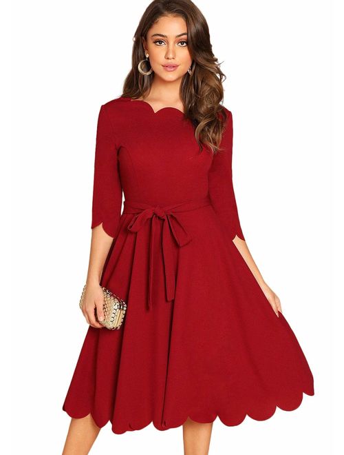 Buy Milumia Women's 3/4 Sleeve Belted Knee Length Fit & Flare Scallop Party  Dress online | Topofstyle