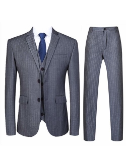 Mens 3 Piece Pinstripe Suit Slim Fit Casual Dress Suits Blazer + Vest + Pants