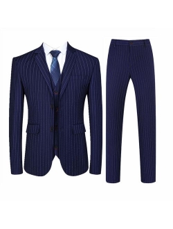 Mens 3 Piece Pinstripe Suit Slim Fit Casual Dress Suits Blazer + Vest + Pants