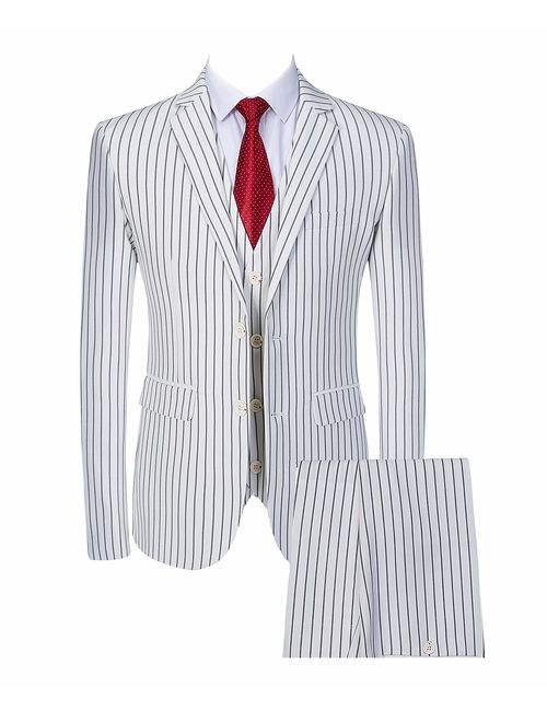 Mens 3 Piece Pinstripe Suit Slim Fit Casual Dress Suits Blazer + Vest + Pants