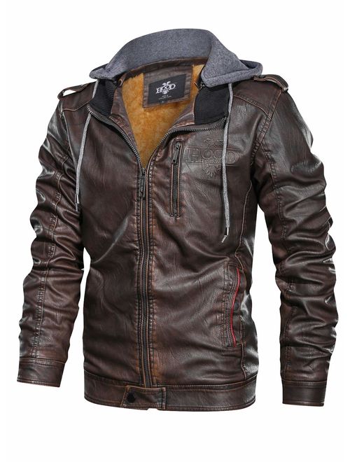 HOOD CREW Men's Black Brown Coffee Stand Collar Warm PU Faux Leather Zip-Up Motorcycle Jacket with a Removable Hood