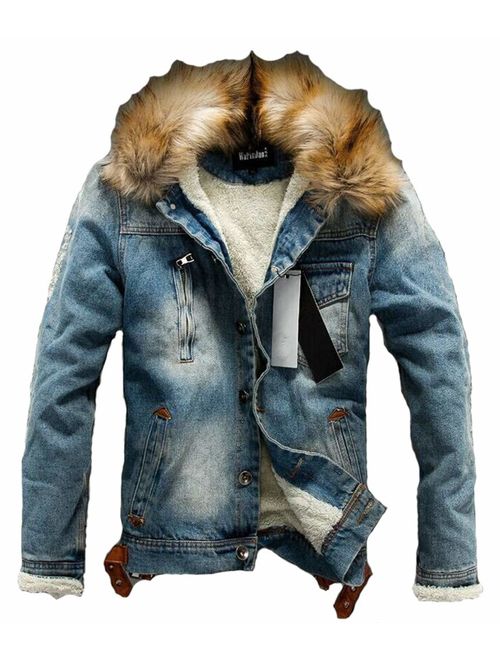 Tebreux Men's Denim Fleece Jacket Casual Faux Fur Collar Sherpa Jeans Coat Winter Trucker Jacket