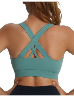 Sports Bra for Women, Criss-Cross Back Padded Strappy Sports Bras Medium Support Yoga Bra with Removable Cups