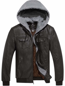 Wantdo Men's Faux Leather Jacket PU Leather Moto Jacket with Removable Hood