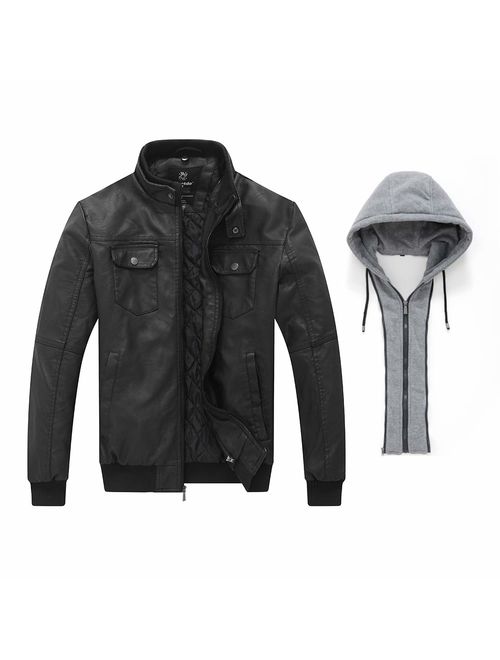 Wantdo Men's Faux Leather Jacket PU Leather Moto Jacket with Removable Hood