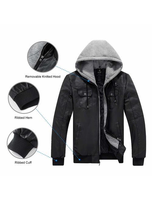 Wantdo Men's Faux Leather Jacket PU Leather Moto Jacket with Removable Hood