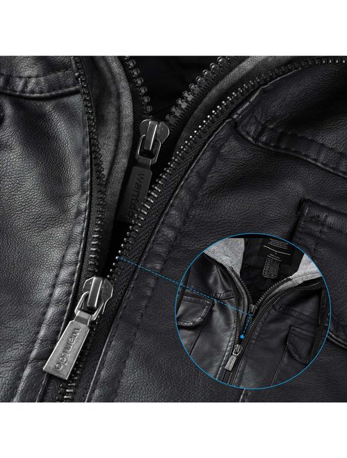 Wantdo Men's Faux Leather Jacket PU Leather Moto Jacket with Removable Hood