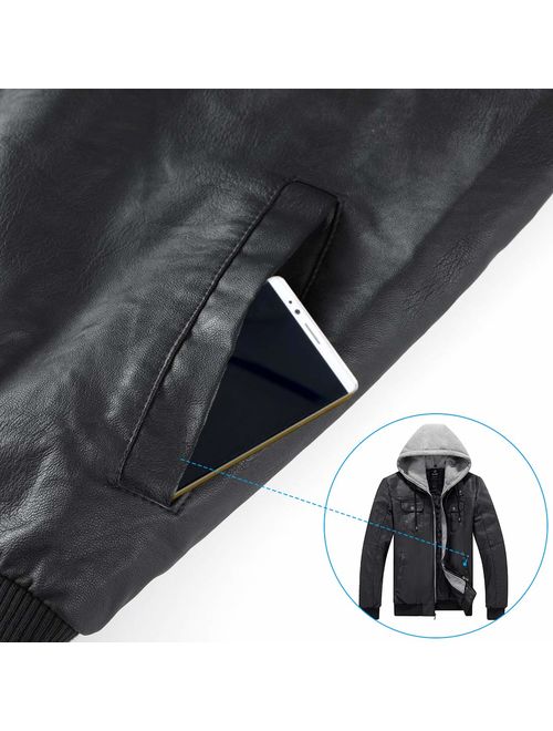 Wantdo Men's Faux Leather Jacket PU Leather Moto Jacket with Removable Hood