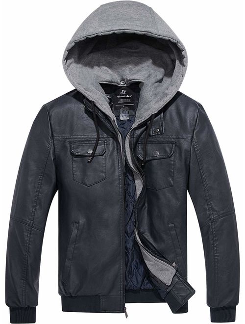 Wantdo Men's Faux Leather Jacket PU Leather Moto Jacket with Removable Hood