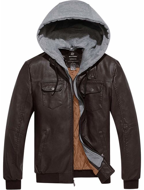 Wantdo Men's Faux Leather Jacket PU Leather Moto Jacket with Removable Hood