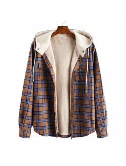 Men's Plaid Flannel Lined Hooded Jacket Long Sleeve Unisex Fuzzy Shirt Coat Tops