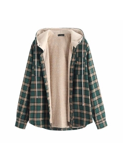 Men's Plaid Flannel Lined Hooded Jacket Long Sleeve Unisex Fuzzy Shirt Coat Tops