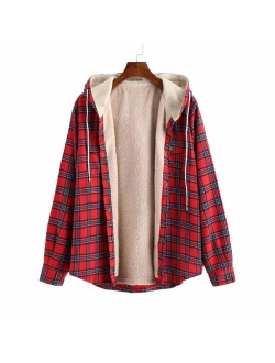 Men's Plaid Flannel Lined Hooded Jacket Long Sleeve Unisex Fuzzy Shirt Coat Tops