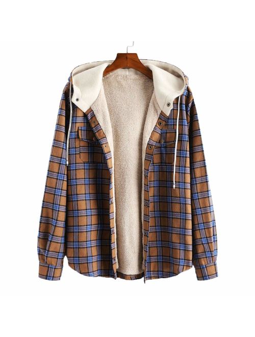 ZAFUL Men's Plaid Flannel Lined Hooded Jacket Long Sleeve Unisex Fuzzy Shirt Coat Tops