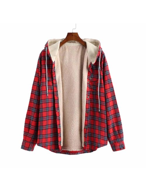 ZAFUL Men's Plaid Flannel Lined Hooded Jacket Long Sleeve Unisex Fuzzy Shirt Coat Tops