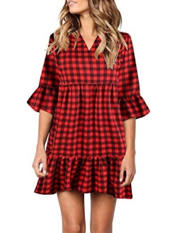 MITILLY Women's V Neck Ruffle Polka Dot Pocket Loose Swing Casual Short T-Shirt Dress