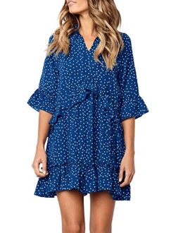 MITILLY Women's V Neck Ruffle Polka Dot Pocket Loose Swing Casual Short T-Shirt Dress