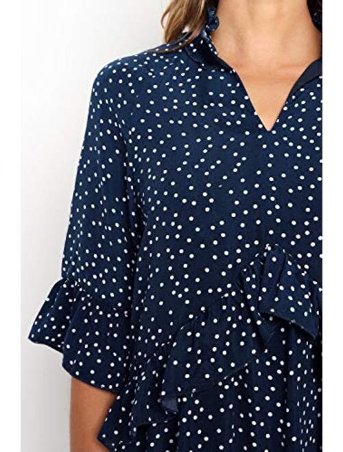 MITILLY Women's V Neck Ruffle Polka Dot Pocket Loose Swing Casual Short T-Shirt Dress