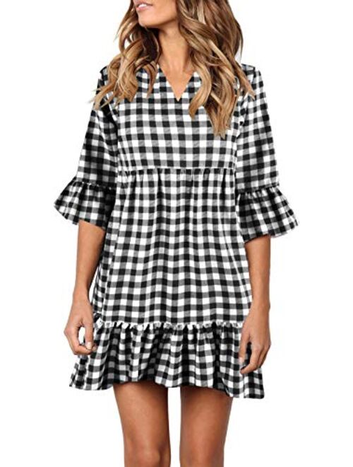 MITILLY Women's V Neck Ruffle Polka Dot Pocket Loose Swing Casual Short T-Shirt Dress