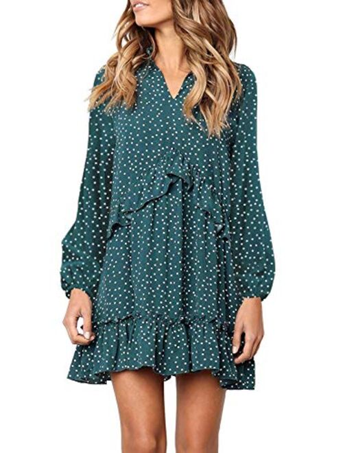 MITILLY Women's V Neck Ruffle Polka Dot Pocket Loose Swing Casual Short T-Shirt Dress