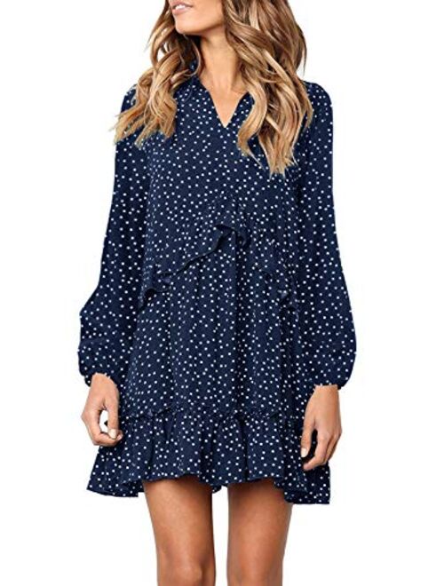 MITILLY Women's V Neck Ruffle Polka Dot Pocket Loose Swing Casual Short T-Shirt Dress