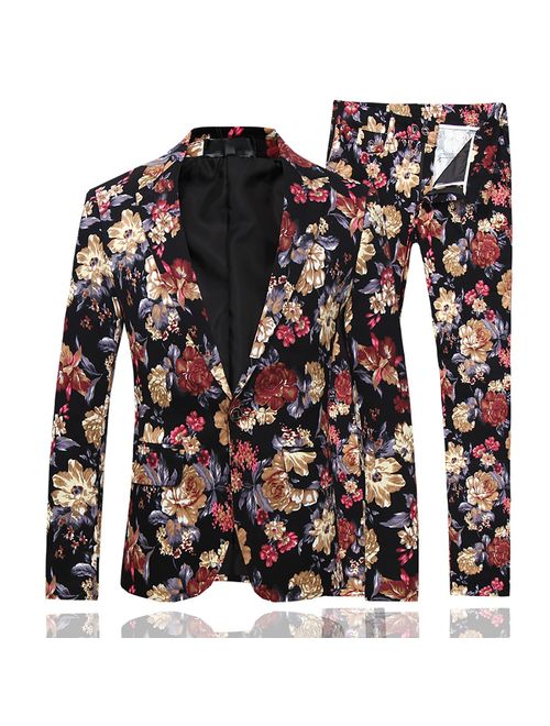 Mens 2 Piece Suit Notched Lapel Floral 1 Button Slim Fit Prom Tweed Suit