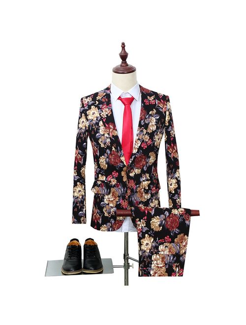 Mens 2 Piece Suit Notched Lapel Floral 1 Button Slim Fit Prom Tweed Suit