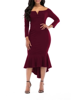 onlypuff Fishtail Dresses for Women Midi Bodycon Dress Long Sleeve V Neck Cocktail Dress