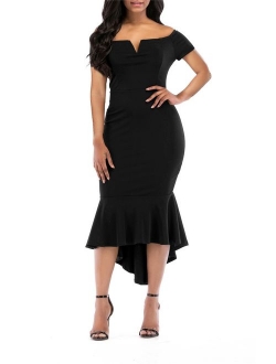 onlypuff Fishtail Dresses for Women Midi Bodycon Dress Long Sleeve V Neck Cocktail Dress