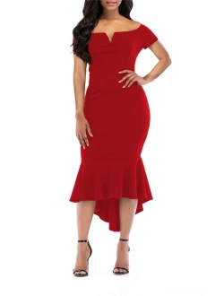 onlypuff Fishtail Dresses for Women Midi Bodycon Dress Long Sleeve V Neck Cocktail Dress