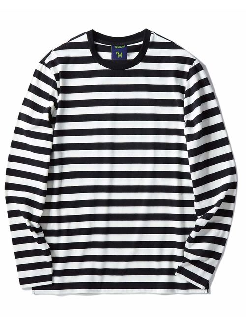 Zengjo Men's Casual Cotton Spandex Striped Crewneck Long-Sleeve T-Shirt Basic Pullover Stripe tee Shirt