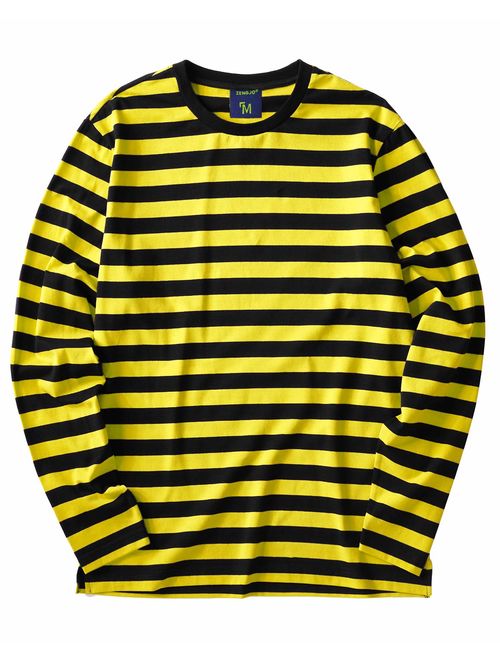 Zengjo Men's Casual Cotton Spandex Striped Crewneck Long-Sleeve T-Shirt Basic Pullover Stripe tee Shirt