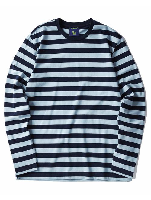 Zengjo Men's Casual Cotton Spandex Striped Crewneck Long-Sleeve T-Shirt Basic Pullover Stripe tee Shirt