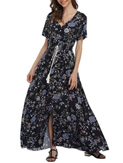 VintageClothing Floral Printed Maxi Boho Button Up Front Slit Beach Party Dresses