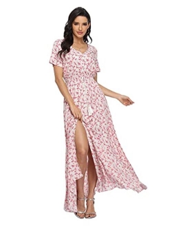 VintageClothing Floral Printed Maxi Boho Button Up Front Slit Beach Party Dresses