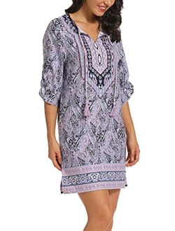 Women Bohemian Neck Tie Vintage Printed Ethnic Style Summer Shift Dress